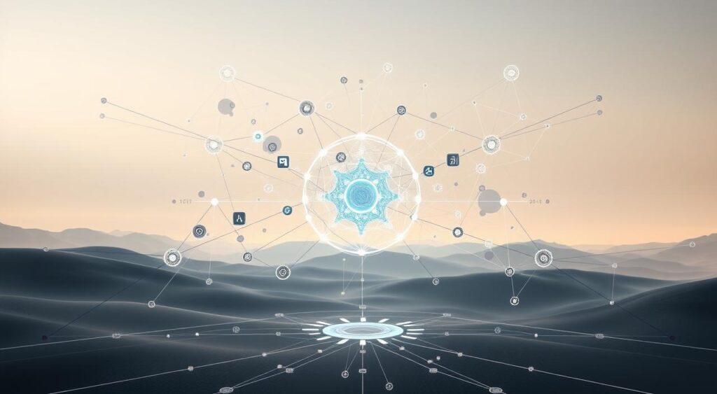 a highly detailed and realistic digital illustration of a holistic analysis system, depicted as a complex network of interconnected nodes, lines, and geometric shapes in a serene, minimalist environment. The foreground features a central hub with various data inputs and outputs, surrounded by a constellation of analytical modules and processing units. The middle ground showcases a fluid, organic visualization of data flows and information exchanges, while the background depicts a soft, ethereal landscape with muted tones and subtle lighting, creating a sense of balance and tranquility. The overall composition conveys the harmonious integration of multiple analytical components into a cohesive, holistic framework. holistic analysis system,-irreducibility mental model