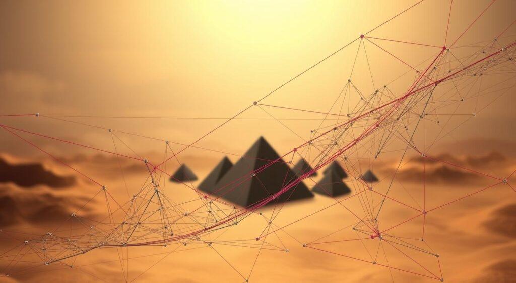 a highly detailed digital illustration of a mathematical relationship in a skewed, distorted system. the foreground depicts a complex network of interconnected lines, curves, and shapes representing numerical data points. the lines are color-coded and overlapping, conveying a sense of depth and complexity. the middle ground features a series of partially obscured geometric shapes, such as cubes and pyramids, arranged in an asymmetrical pattern. the background is a hazy, ethereal landscape with subtle gradients and muted tones, creating an atmospheric and dreamlike quality. the overall scene is illuminated by a warm, diffused lighting that casts soft shadows and highlights the intricate details. the image has a thought-provoking, almost mystical quality, inviting the viewer to explore the underlying mathematical structures and patterns within the skewed, non-linear system.