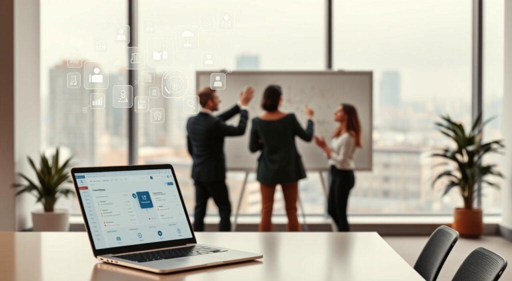 a streamlined project workflow in a modern office environment. A clean, minimalist workspace with a large window overlooking a cityscape. In the foreground, a desk with a laptop, a sleek project management software dashboard displayed on the screen. Floating above the desk, holographic icons and visualizations representing different project tasks and milestones. In the middle ground, a team of professionals collaborating around a large interactive whiteboard, gesturing towards the visualizations. The background features a neutral color palette, warm lighting, and a sense of efficiency and productivity.