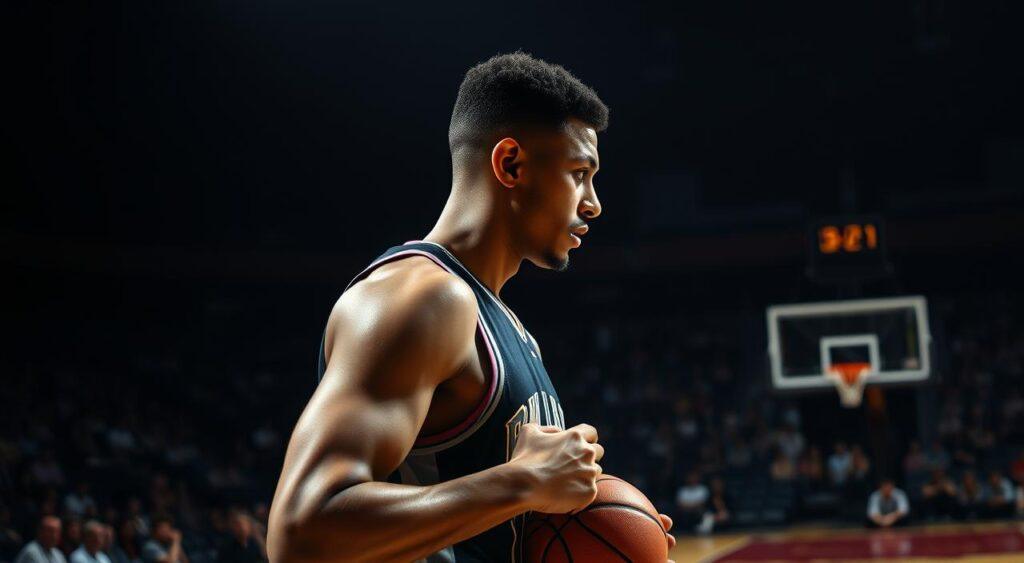 A basketball player stands at the free-throw line, their face etched with concentration. The court is dimly lit, creating dramatic shadows that highlight the tension of the moment. In the background, spectators blur into an amorphous crowd, their anticipation palpable. The player's hand grips the ball, muscles taut, as they weigh the decision to shoot. The image conveys the cognitive biases that can influence sports-related decision-making, where past successes or failures can skew the player's perception of probability and lead to suboptimal choices. A basketball player stands at the free-throw line, their face etched with concentration. The court is dimly lit, creating dramatic shadows that highlight the tension of the moment. In the background, spectators blur into an amorphous crowd, their anticipation palpable. The player's hand grips the ball, muscles taut, as they weigh the decision to shoot. The image conveys the cognitive biases that can influence sports-related decision-making, where past successes or failures can skew the player's perception of probability and lead to suboptimal choices.