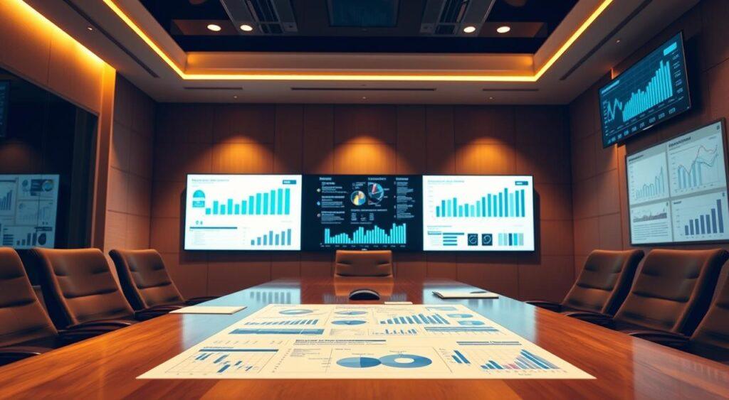 A boardroom table, illuminated by warm overhead lighting, showcases a detailed business strategy analysis. Crisp charts, graphs, and financial data are displayed on sleek digital screens, reflecting the thoughtful deliberation of a team of executives. The room's neutral tones and modern furnishings create a professional, focused atmosphere, complementing the analytical nature of the scene. Subtle shadows and a slight depth of field draw the viewer's attention to the central analysis, conveying the gravity and importance of the strategic decision-making process.
