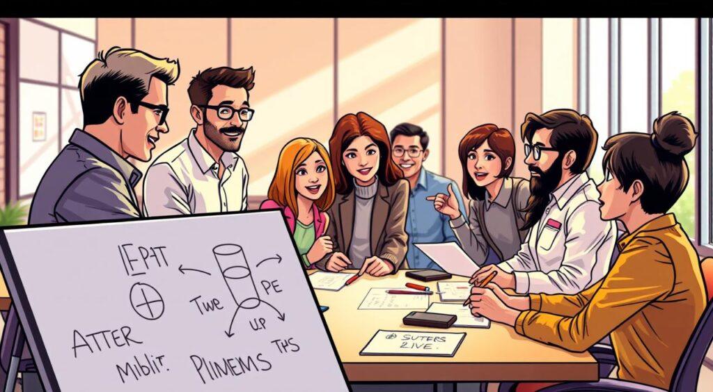 A brightly lit office setting, with a group of professionals gathered around a conference table, engaged in a lively discussion. The foreground features a whiteboard or flipchart, with diagrams and notes scribbled on it, representing the problem-solving process. The middle ground showcases the team members, some taking notes, others gesturing animatedly, their expressions focused and determined. The background softly blurs, creating a sense of depth and emphasizing the collaborative nature of the scene. The lighting is warm and natural, casting a productive and problem-solving atmosphere. The camera angle is slightly elevated, capturing the entire tableau with a sense of clarity and purpose.