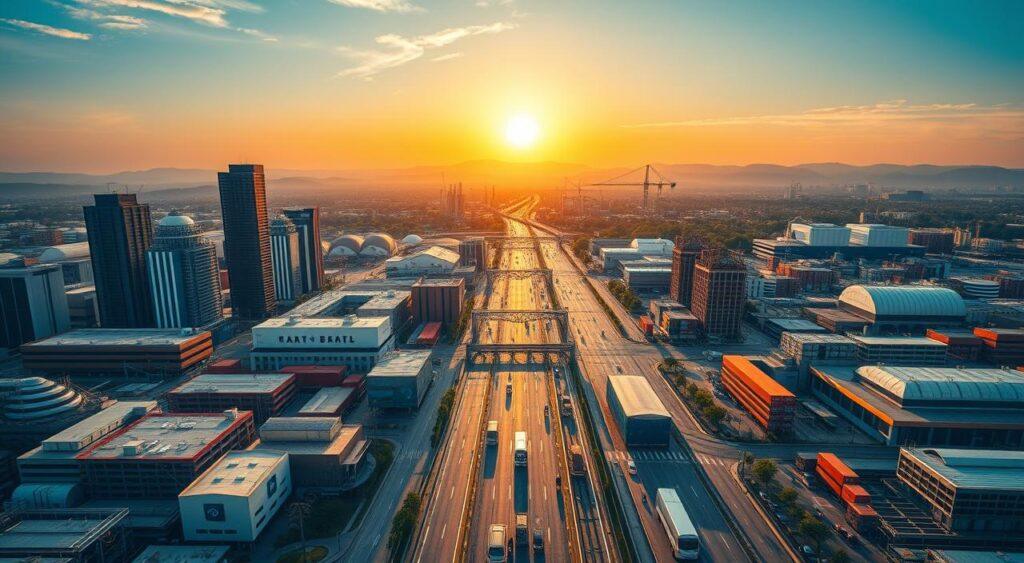 A bustling business ecosystem, captured in a wide, cinematic frame. In the foreground, a diverse array of thriving enterprises - sleek skyscrapers, bustling factories, and entrepreneurial startups, all interconnected by a web of roads, railways, and digital infrastructure. The middle ground features a vibrant mix of commercial activity, with people rushing to and fro, vehicles navigating the streets, and deliveries being made. In the background, a sweeping vista of rolling hills and a brilliant, golden-hued sky, bathed in the warm glow of a setting sun, symbolizing the boundless potential of this dynamic economic landscape. The scene exudes a sense of energy, innovation, and opportunity, capturing the essence of a business ecosystem teeming with life and growth.