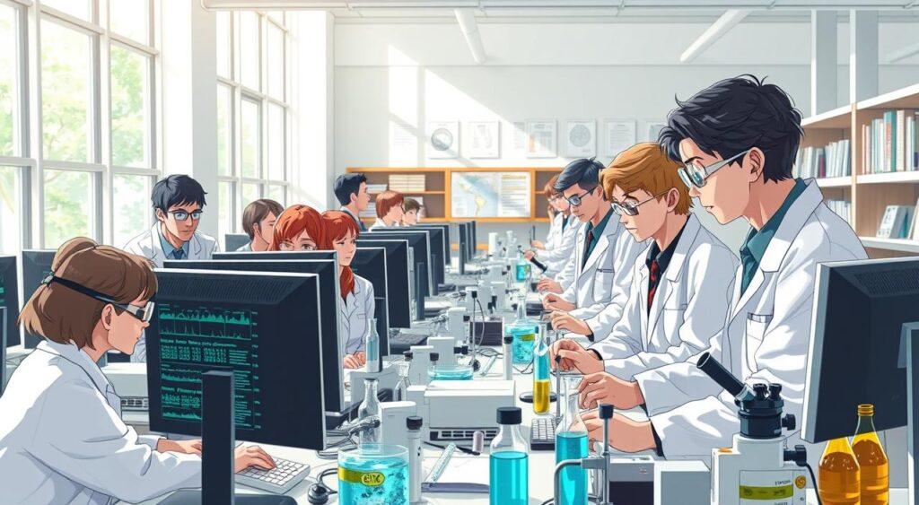 A bustling research laboratory, brightly lit by natural light filtering through large windows. In the foreground, a group of scientists in white coats and goggles intently study data on computer screens and discuss findings. In the middle ground, rows of scientific equipment, test tubes, and microscopes create a sense of methodical investigation. The background features a wall of bookshelves and academic posters, conveying the intellectual rigor of the research. The overall atmosphere is one of collaborative inquiry, with researchers deeply engaged in the pursuit of understanding group dynamics and behavior.