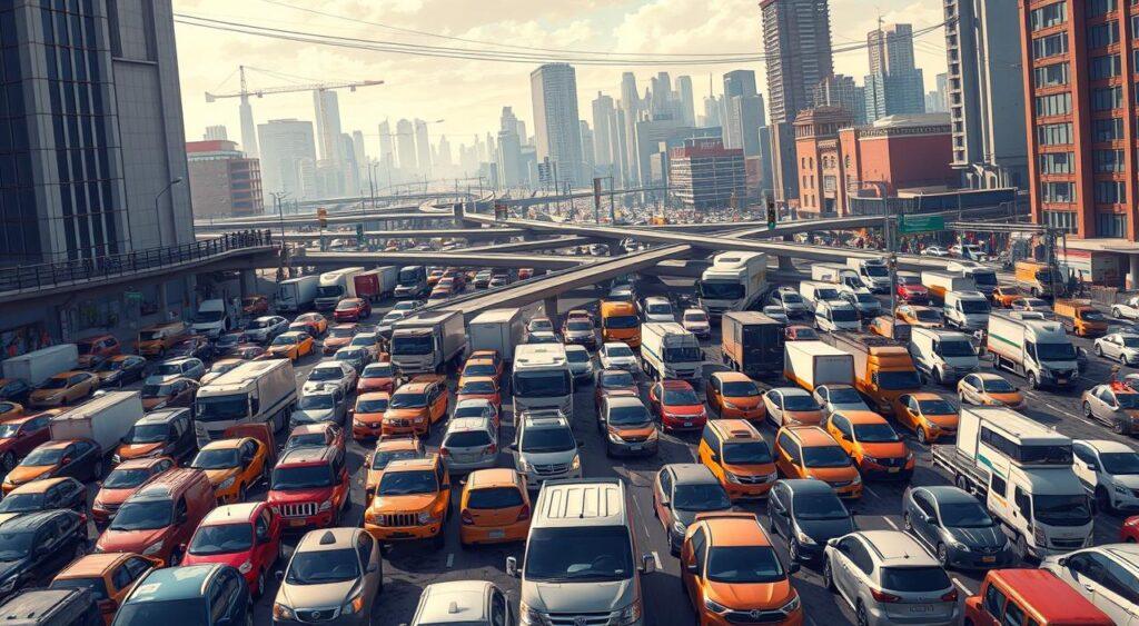 A bustling urban intersection, cars and trucks gridlocked in a chaotic tangle, horns blaring and exhaust fumes swirling. In the foreground, a tangle of vehicles at a standstill, their drivers' faces tense with frustration. The middle ground reveals a complex web of intersecting roads, overpasses, and traffic signals, all struggling to manage the overwhelming flow of vehicles. In the distance, skyscrapers and office buildings loom, the backdrop to this strategic scenario of decision-making under duress. Dramatic lighting casts long shadows, heightening the sense of tension and unease. Captured through a wide-angle lens, the scene conveys the overwhelming scale and complexity of the challenge facing those tasked with navigating this real-world traffic gridlock.