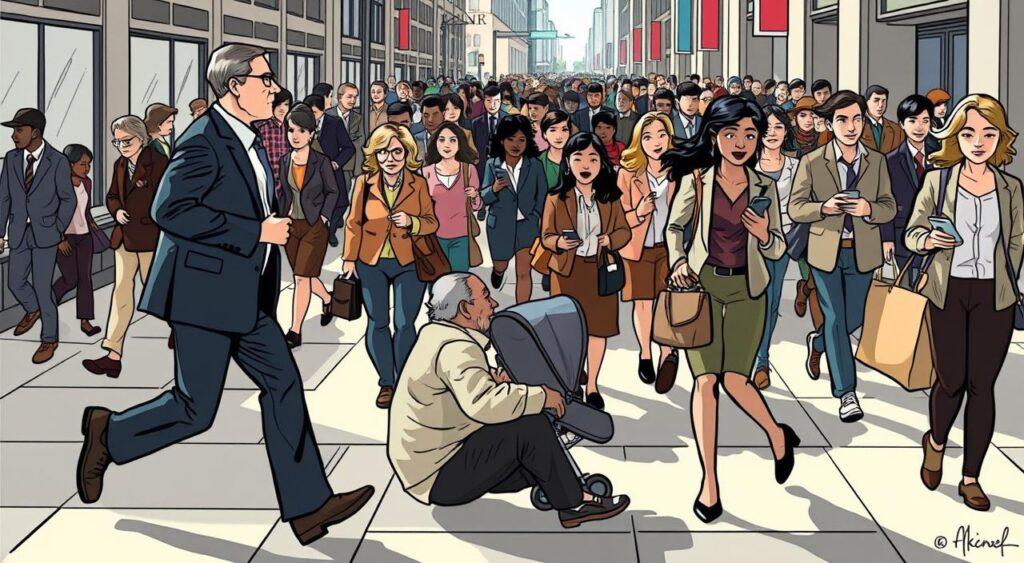 A busy city street scene during rush hour, with people of various ages, ethnicities, and socioeconomic backgrounds hurrying past each other, seemingly oblivious to one another's experiences and struggles. In the foreground, a well-dressed businessman rushes by a homeless person sitting on the sidewalk, their eyes locked but with no visible connection or empathy. In the middle ground, a mother struggling with a stroller navigates through the crowd, while a young professional on a smartphone walks past without offering assistance. In the background, a diverse mix of pedestrians, each absorbed in their own worlds, creating a sense of isolation and disconnect. The lighting is harsh, casting long shadows and emphasizing the lack of warmth and understanding between the individuals. The overall scene conveys a sense of the empathy gap, where people fail to recognize or consider the perspectives and circumstances of those around them.