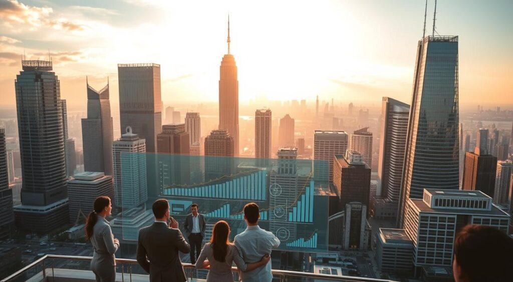 A busy cityscape with towering skyscrapers and bustling streets, illuminated by warm, golden sunlight filtering through wispy clouds. In the foreground, a group of professionals gathered around a large touchscreen display, examining data visualizations and charts that depict the adoption curves of various emerging technologies. The middle ground features a mix of modern office buildings and sleek, futuristic structures, conveying a sense of innovation and progress. In the background, a panoramic view of the skyline, showcasing the city's technological advancement and economic prosperity. The scene exudes an atmosphere of collaboration, strategic planning, and the constant evolution of the digital landscape.