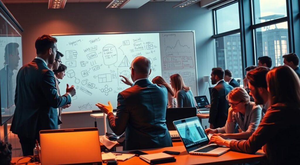 A busy office scene with a team of professionals engaged in a rapid-fire decision-making process. In the foreground, colleagues lean in, gesturing animatedly as they discuss ideas projected on a large display. The middle ground features a whiteboard covered in hastily scribbled notes and diagrams, conveying a sense of urgency. In the background, other team members huddle around laptops, monitoring data and charts, supporting the swift decision cycles. Warm, focused lighting illuminates the scene, creating a dynamic and collaborative atmosphere. The overall impression is one of a nimble, agile business culture that thrives on quick, well-informed decisions.