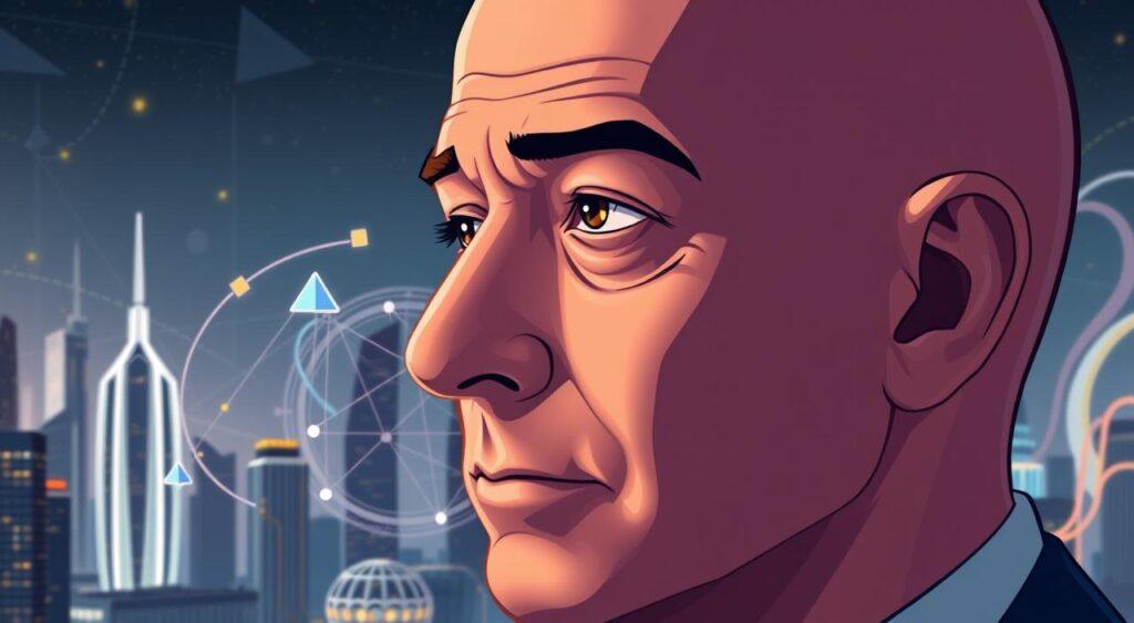 A close-up portrait of Jeff Bezos, the founder and former CEO of Amazon, gazing thoughtfully against a backdrop of futuristic cityscapes and data visualizations. Soft, directional lighting illuminates the details of his face, capturing a pensive, calculating expression. The middle ground features a stylized case study diagram, with geometric shapes, charts, and data flows surrounding Bezos. In the background, a cityscape of gleaming skyscrapers and swirling data streams evokes the scale and complexity of Bezos' business empire. The overall mood is one of analytical focus, innovation, and the intersection of technology, commerce, and human ambition.