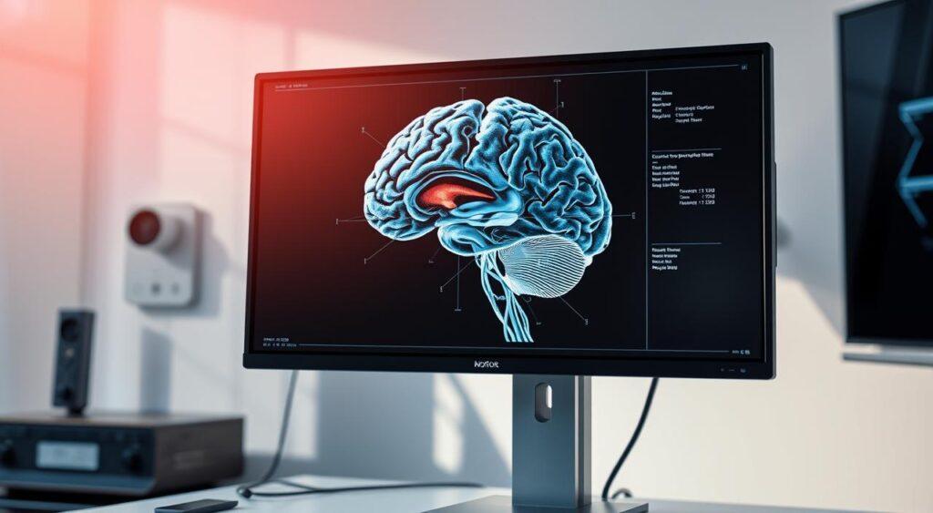 A close-up view of a human brain scan, displayed on a high-resolution medical imaging monitor. The scan is illuminated by soft, directional lighting, casting subtle shadows that accentuate the intricate neural pathways and regions of activity. The background is a clean, minimalist workspace, with a sense of clinical precision and scientific inquiry. The image conveys a sense of focused investigation, as if the viewer is participating in a groundbreaking neuroimaging study on the mechanisms of retaliation and the "eye for an eye" mental model.