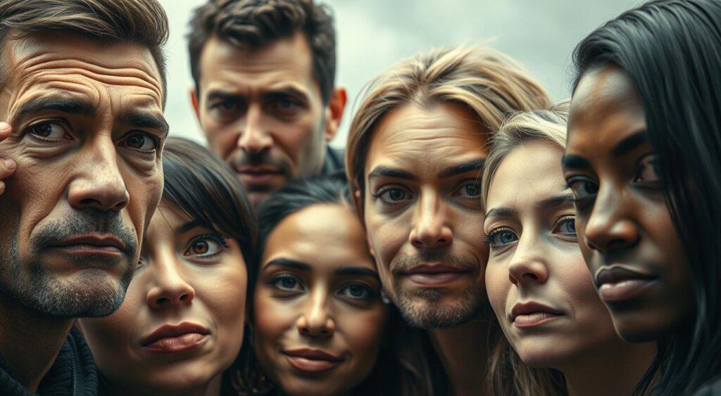 A close-up view of diverse faces, conveying a range of first impressions - intrigued, skeptical, friendly, aloof. Soft, diffused lighting illuminates their features, creating a sense of intimacy. The subjects are set against a blurred, abstract background, emphasizing the focus on their expressions and body language. The composition is balanced, with the faces arranged in a visually compelling manner. Subtle details, such as the texture of skin, the glint in the eyes, and the slight tilt of the head, contribute to the overall sense of nuance and individuality that shapes first impressions. first impressions mental model- nuance and individuality that shapes first impressions.