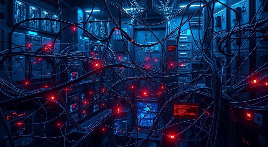 A complex network of interconnected digital pathways, nodes, and routers. Cables and wires criss-cross in a chaotic tangle, creating a sense of digital congestion. Pulsing lights and glowing signals indicate the constant flow of data, while cascading error messages and warning icons suggest overburdened systems. The scene is cast in a cool, bluish hue, with shadows and highlights emphasizing the intricate web of technology. A sense of both order and disorder, as the systems struggle to keep up with the ever-increasing demands placed upon them. Realistic 3D rendering, high-resolution, detailed, cinematic lighting.