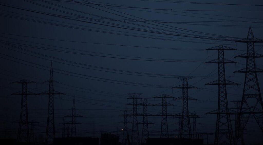 A complex web of interconnected power lines, transformers, and substations against a dimly lit, moody backdrop. The electrical grid network stretches out across the frame, with high-voltage transmission towers piercing the gloom. Intricate patterns of cables and pylons converge and diverge, creating a captivating, almost organic, visual rhythm. The scene is bathed in a soft, atmospheric lighting, casting long shadows and highlighting the sheer scale and technical prowess of this vital infrastructure. The overall mood is one of power, complexity, and the delicate balance that underpins the flow of electricity through our modern world.