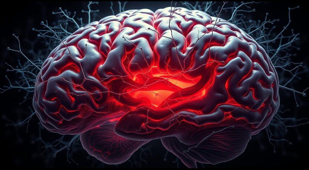 A cross-section of the human brain, illuminated from within, revealing a complex neural network. In the center, a pulsing, angry red region represents the limbic system, the emotional core driving the desire for revenge. Delicate, branching synapses and neurons radiate outward, creating a mesmerizing, fractal-like pattern. The lighting is dramatic, casting deep shadows and highlights that accentuate the intricate anatomy. The overall mood is one of intensity, power, and the primal urge for retribution, captured through a scientific, neuroscientific lens.
