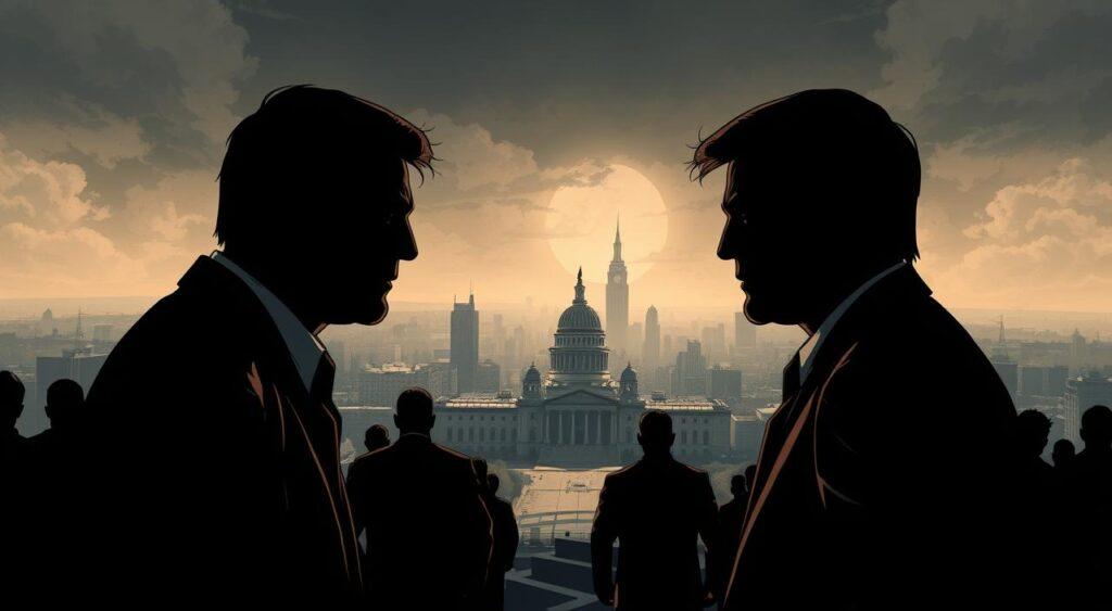 A dark, ominous scene of political retaliation strategies unfolds. In the foreground, shadowy figures engage in a tense standoff, their expressions conveying a sense of unyielding resolve. In the middle ground, a sprawling cityscape lies in the background, its skyscrapers and government buildings casting long, foreboding shadows. The lighting is dramatic, with sharp contrasts between light and dark, heightening the sense of tension and unease. The camera angle is low, creating a sense of looming power and impending conflict. The mood is one of simmering tension, where each side is poised to strike back, unwilling to back down, in a dangerous game of political one-upmanship.