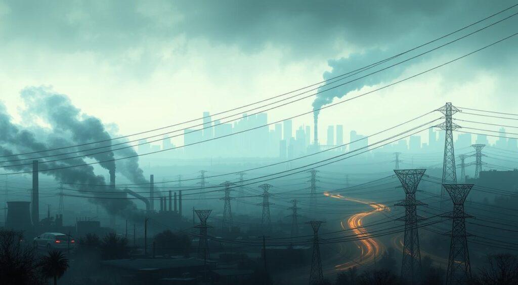 A detailed, multi-layered illustration depicting the negative impact of pollution and noise on the environment and society. In the foreground, a dense, smog-filled urban landscape with factories and vehicles emitting thick clouds of industrial smoke and exhaust. In the middle ground, a web of tangled power lines and telephone poles, symbolizing the infrastructure's burden. In the background, a blurred, silhouetted skyline of skyscrapers and towering chimneys, casting an ominous shadow. The scene is illuminated by a harsh, artificial lighting, creating a sense of discomfort and unease. The overall composition conveys the invisible, yet pervasive, toll of unchecked environmental degradation on the well-being of individuals and communities.