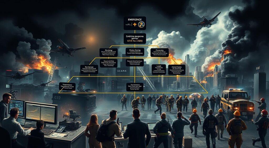 A detailed, visually striking crisis response hierarchy model depicted in a dramatic, real-world setting. In the foreground, a central command center with various personnel coordinating emergency operations, their faces etched with urgency. In the middle ground, diverse teams of first responders - firefighters, paramedics, and law enforcement - rushing to provide aid. In the background, a chaotic, disaster-stricken cityscape, with billowing smoke, crumbling infrastructure, and a sense of heightened tension. Dramatic lighting casts deep shadows, emphasizing the gravity of the situation. The overall composition conveys a sense of organized chaos, where efficiency and rapid response are paramount to mitigating the crisis at hand.