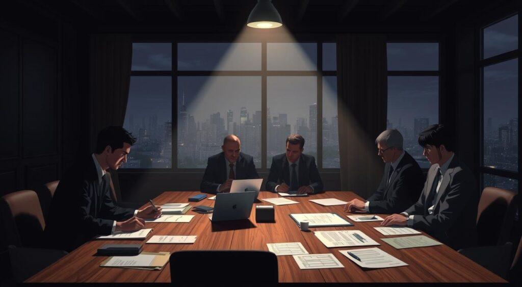 A dimly lit boardroom, shadows cast across the faces of executives gathered around an oak table. The air is thick with tension as they wrestle with a complex decision, papers and charts scattered before them. Overhead, a single spotlight illuminates the scene, casting dramatic shadows that underscore the gravity of their deliberations. Through the windows, a cityscape stretches out, a constant reminder of the high stakes and broader implications of their choices. The mood is one of weighty contemplation, as they grapple with the challenges of navigating an uncertain future.