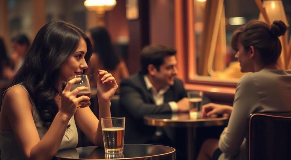 A dimly lit café, couples sitting across small tables, their body language and facial expressions conveying subtle signals - raised eyebrows, coy glances, playful smiles. In the foreground, a woman delicately sips her drink, her free hand toying with a strand of hair, a classic flirtatious gesture. In the middle ground, a man leans in, his gaze fixed intently on his companion, his posture open and engaged. The background is softly blurred, creating a sense of intimacy and focus on the interpersonal dynamics unfolding. The lighting is warm and mellow, casting a romantic, almost cinematic atmosphere over the scene.