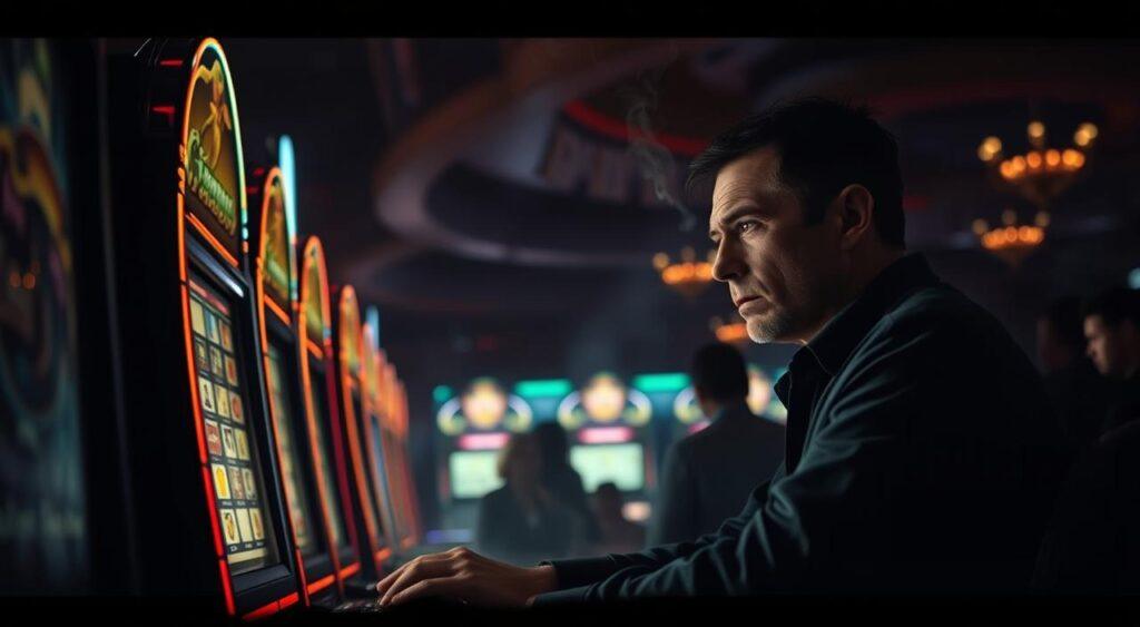 A dimly lit casino interior, with the glow of neon lights casting an eerie, captivating atmosphere. In the foreground, a solitary figure sits at a slot machine, their face a mix of intense concentration and subtle desperation, fingers nervously clutching the lever. Surrounding them, a haze of cigarette smoke and the muffled sounds of clinking coins and anxious whispers, creating a sense of claustrophobia and psychological tension. In the background, the shadowy silhouettes of other gamblers, their expressions obscured, hinting at the complex web of emotions that governs the psychology of gambling - the thrill, the hope, the fear, and the ultimately, the potential for self-destruction. A dimly lit casino interior, with the glow of neon lights casting an eerie, captivating atmosphere. In the foreground, a solitary figure sits at a slot machine, their face a mix of intense concentration and subtle desperation, fingers nervously clutching the lever. Surrounding them, a haze of cigarette smoke and the muffled sounds of clinking coins and anxious whispers, creating a sense of claustrophobia and psychological tension. In the background, the shadowy silhouettes of other gamblers, their expressions obscured, hinting at the complex web of emotions that governs the psychology of gambling - the thrill, the hope, the fear, and the ultimately, the potential for self-destruction.