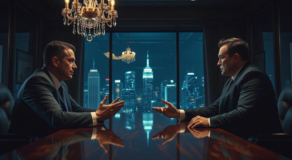A dimly lit conference room, the air thick with tension. Two businessmen, faces stern, sit across a polished mahogany table, locked in an intense negotiation. Overhead, a crystal chandelier casts a warm glow, accentuating the gravity of the moment. In the background, a large window overlooking a bustling cityscape, a symbol of the high-stakes world they inhabit. The men's body language is precise, their gestures measured, as they navigate the delicate dance of diplomacy, each seeking to outmaneuver the other. The mood is one of cautious deliberation, where a single misstep could unravel the carefully constructed facade of professional detachment.