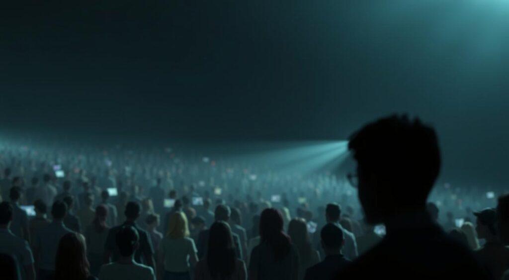 A dimly lit digital landscape, where the vast majority of users remain silent, their presence felt only as a subtle hum in the background. In the foreground, a few vibrant avatars stand out, their animated gestures and expressions commanding attention, while the majority blend into the shadows, their voices unheard. The scene is bathed in a soft, ambient glow, conveying a sense of solemnity and introspection. The camera angle is slightly elevated, allowing the viewer to survey the digital realm below, observing the dynamics of the 90-9-1 rule as it plays out in this virtual space. A dimly lit digital landscape, where the vast majority of users remain silent, their presence felt only as a subtle hum in the background. In the foreground, a few vibrant avatars stand out, their animated gestures and expressions commanding attention, while the majority blend into the shadows, their voices unheard. The scene is bathed in a soft, ambient glow, conveying a sense of solemnity and introspection. The camera angle is slightly elevated, allowing the viewer to survey the digital realm below, observing the dynamics of the 90-9-1 rule as it plays out in this virtual space.