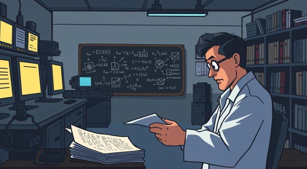 A dimly lit laboratory, filled with the glow of computer screens and the hum of scientific equipment. In the foreground, a researcher pores over a stack of research papers, a contemplative expression on their face. The middle ground features a chalkboard covered in equations and diagrams, hinting at the complex theories and experiments being explored. In the background, shelves of books and scientific journals line the walls, suggesting the depth of knowledge underpinning this research. The lighting is muted, casting subtle shadows and creating an atmosphere of focused, intellectual inquiry. The scene conveys a sense of the origins and foundational work that has led to the understanding of the empathy gap mental model.