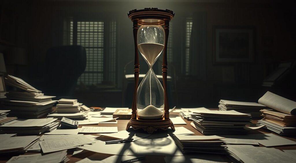 A dimly lit office space, with a cluttered desk covered in scattered papers and files. In the center, a large, ornate hourglass takes prominence, its sand pouring down steadily, symbolizing the Bullshit Asymmetry Principle. The hourglass casts a long, dramatic shadow across the desk, creating a sense of weight and gravity. The lighting is dramatic, with a single spotlight illuminating the hourglass, while the rest of the scene is cast in a warm, hazy glow. The atmosphere is one of contemplation and the struggle to sift through the overwhelming deluge of information. The overall composition suggests the constant battle to separate truth from falsehood, and the disproportionate effort required to refute misinformation.