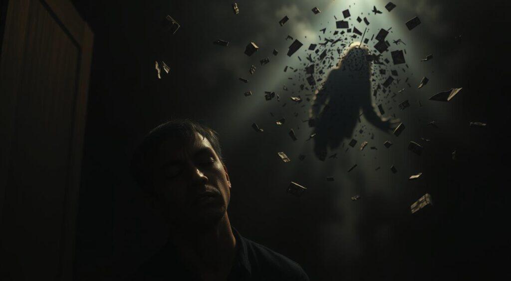 A dimly lit room, the air thick with a sense of unease. In the foreground, a person's face is contorted, brows furrowed, eyes shut tight, as if struggling to suppress an intrusive thought. Surrounding them, a swirling vortex of disembodied, fragmented ideas and memories, each one a potential distraction, a mental burden to be wrestled with. The middle ground is hazy, the boundaries between the internal and external world blurred, creating a sense of isolation and entrapment. In the background, a shadowy, oppressive presence looms, a metaphor for the overwhelming nature of the rebound effect. Dramatic chiaroscuro lighting casts dramatic shadows, heightening the intensity of the scene.