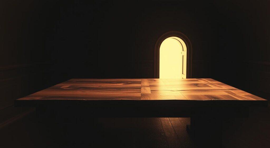 A dimly lit room, with a heavy wooden table in the foreground. On the table, two separate pathways - one leading to a closed door, the other to an open archway. The closed door is shrouded in shadows, while the open archway is bathed in a soft, warm light. The contrast between the two options creates a sense of decision and contemplation. The scene is captured through a vintage, sepia-toned lens, lending an air of timelessness and deliberation. The atmosphere is one of quiet contemplation, where the viewer is invited to consider the consequences of their choices, the weight of their decisions, and the delicate balance between reversible and irreversible outcomes.