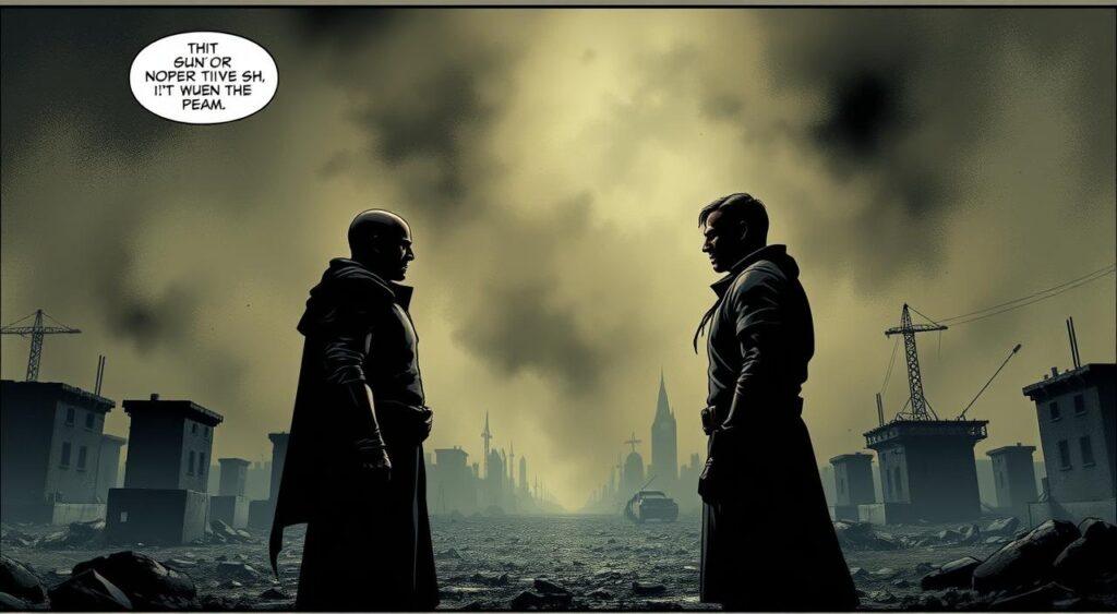 A dimly lit scene of two figures standing across from each other, their stances tense and confrontational. In the foreground, their eyes lock in a silent standoff, the air thick with palpable tension. The middle ground is obscured by a hazy, smoke-like atmosphere, lending an ominous and foreboding quality to the encounter. In the background, a landscape of ruined buildings and shattered infrastructure, a testament to the consequences of their actions. The lighting is dramatic, with harsh shadows and highlights that accentuate the gravity of the situation. The camera angle is low, emphasizing the imposing presence of the figures and the weight of their decisions.