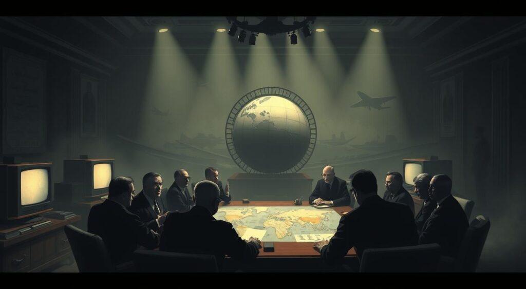 A dimly lit, strategic war room during the Cold War era. The foreground depicts shadowy figures of world leaders engaged in tense negotiations, their faces half-obscured by the glow of old-fashioned televisions and maps spread across a mahogany table. The middle ground shows the backdrop of a large, ornate globe, hinting at the global scale of the conflict. The background is shrouded in a hazy, ominous atmosphere, with the faint outlines of military hardware and aircraft visible through the shadows. Dramatic chiaroscuro lighting casts sharp contrasts, emphasizing the gravity and high stakes of the strategic interactions. The overall mood is one of suspense, uncertainty, and the weight of decision-making that defined the Cold War era.
