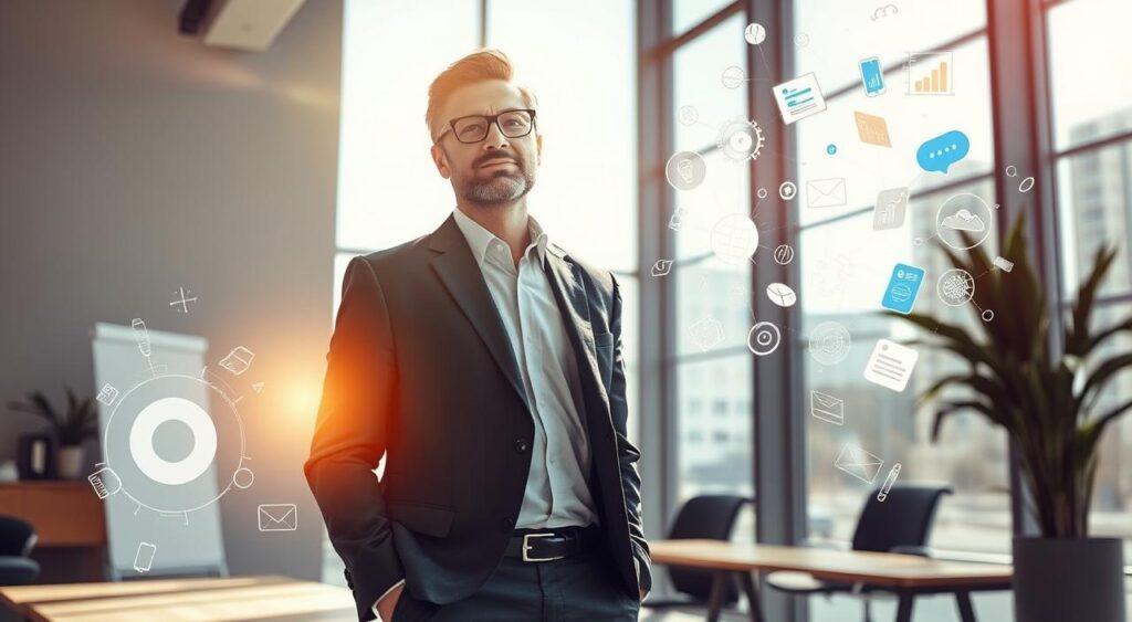 A dynamic and visionary business leader, a catalyst for innovation, stands in a modern, minimalist office setting. Sunlight streams through large windows, casting a warm glow on their confident, forward-thinking expression. In the background, stylized icons and visualizations representing new technologies, data analytics, and disruptive ideas float and swirl, hinting at the transformative potential they embody. The scene conveys a sense of energy, inspiration, and the power to drive meaningful change in the business landscape. Catalysts Mental Model- the power to drive meaningful change in the business landscape.