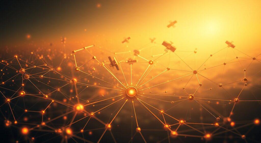 A dynamic network of interconnected nodes and edges, representing the synergistic interactions and growth patterns of a thriving business strategy. The scene is bathed in a warm, golden light, casting a sense of vitality and potential. The foreground features a central hub of activity, with data streams and information flows pulsing between diverse elements. In the middle ground, satellite nodes expand outward, each contributing unique value and amplifying the overall impact. The background fades into a subtle, ethereal landscape, hinting at the boundless opportunities and expansive possibilities inherent in Metcalfe's Law. The composition conveys a harmonious balance between structure and fluidity, mirroring the principles of effective business strategy.