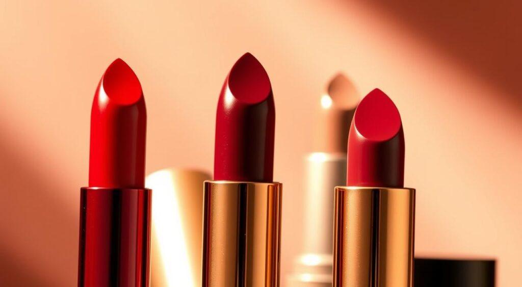 A glamorous close-up shot of various lipstick shapes, showcasing their distinct personalities. In the foreground, a vibrant red lipstick in a sleek, classic bullet shape radiates confidence and sophistication. Beside it, a deep burgundy lipstick in a lush, creamy texture exudes a sultry, alluring presence. In the middle ground, a muted nude lipstick in a smooth, satin finish conveys a subtle, effortless charm. The background features a soft, blurred gradient of complementary shades, creating a sophisticated, high-fashion ambiance. Warm, directional lighting accentuates the sheen and texture of the lipsticks, while a shallow depth of field draws the viewer's focus to the captivating lipstick forms.