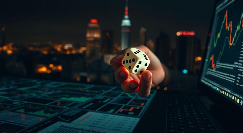 A high-stakes investment strategy with a dynamic interplay of risk and reward. In the foreground, a maze of financial graphs and charts, illuminated by the glow of a computer screen. The middle ground features a hand holding a dice, symbolic of the gambler's approach to investments. In the background, a dimly lit cityscape, hinting at the unpredictable nature of the market. Dramatic lighting and a cinematic angle create a sense of tension and uncertainty, reflecting the challenging decisions faced by the modern investor. A high-stakes investment strategy with a dynamic interplay of risk and reward. In the foreground, a maze of financial graphs and charts, illuminated by the glow of a computer screen. The middle ground features a hand holding a dice, symbolic of the gambler's approach to investments. In the background, a dimly lit cityscape, hinting at the unpredictable nature of the market. Dramatic lighting and a cinematic angle create a sense of tension and uncertainty, reflecting the challenging decisions faced by the modern investor.