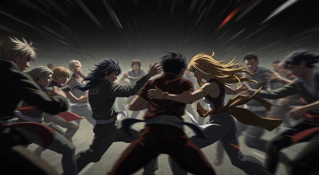 A highly competitive environment with fierce opponents engaged in a intense strategic battle. A dynamic, fast-paced scene of two teams maneuvering against each other, with a sense of urgency and high stakes. The foreground features clashing figures in sharp focus, their expressions tense and determined. The middle ground is a blur of motion, conveying the speed and fluidity of their actions. The background is a shadowy, minimalist setting that amplifies the focus on the central confrontation. Dramatic cinematic lighting casts dramatic shadows, emphasizing the drama and tension. The overall mood is one of heightened competition, rapid decision-making, and the crucial importance of timing.