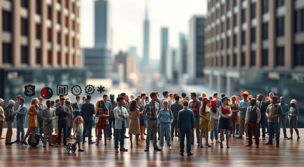 A highly detailed and photorealistic illustration of sector-specific bias examples, using a wide-angle lens and natural lighting. In the foreground, various symbols and icons representing different industries and business sectors (e.g., finance, technology, healthcare, manufacturing) are displayed, each with a subtle distortion or skew, suggesting unequal representation or disproportionate influence. The middle ground features a collage of diverse human figures, each drawn from different demographic backgrounds, positioned in various poses and interacting with the sector-specific elements. The background depicts a blurred, out-of-focus cityscape, conveying a sense of the broader societal context in which these biases operate. The overall atmosphere is one of subtle tension and imbalance, inviting the viewer to consider the implications of sector-specific biases on representation and equity.