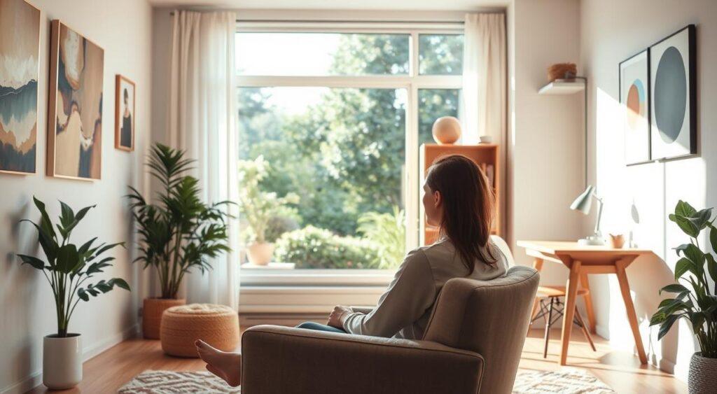 A peaceful, therapeutic scene set in a cozy home office. In the foreground, a person sits comfortably on a plush armchair, deep in contemplation. Soft, natural lighting illuminates the space, creating a calming ambiance. On the walls, abstract paintings and soothing earth-toned decor evoke a sense of tranquility. In the middle ground, a large window overlooking a lush garden provides a serene view, allowing the mind to wander. Bookshelves and a simple wooden desk in the background suggest a space for introspection and the exploration of therapeutic strategies for intrusive thoughts.