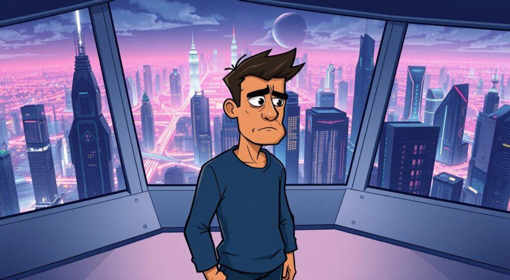 A pensive figure stands amidst a futuristic landscape, brow furrowed in contemplation. The background depicts a sprawling cityscape of towering skyscrapers and gleaming infrastructure, casting a vibrant neon glow. The figure is situated in a minimalist, angular room, with floor-to-ceiling windows offering a panoramic view of the metropolis. Soft, directional lighting illuminates the scene, creating a sense of introspection and intricate decision-making. The figure's expression conveys a blend of uncertainty and determination, as they engage in a thoughtful analysis of potential future outcomes and mitigate the risk of regret.