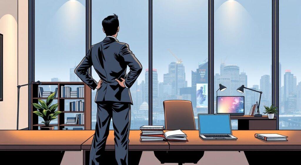 A professional growth strategies scene in a modern office environment. In the foreground, a businessperson stands confidently, hands on their hips, gazing out a large window overlooking a bustling city skyline. In the middle ground, a bookshelf and desk are neatly organized, with inspirational books and a laptop suggesting focused learning and development. The background features sleek, minimalist decor and warm, diffused lighting, creating a calm, productive atmosphere. The overall mood is one of ambition, determination, and a commitment to continuous self-improvement.
