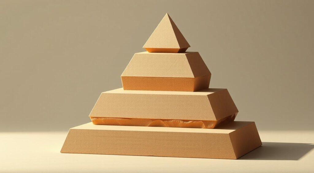 A pyramidal structure with five distinct tiers, representing the Maslow hierarchy of needs. The bottom tier is a solid foundation of physiological requirements such as food, water, and shelter. Above it, a layer of safety and security needs. The middle tier depicts a sense of belonging and love. The penultimate level showcases esteem and self-worth. The apex features self-actualization, the pinnacle of human potential. The image is rendered in a muted, earthy color palette, conveying a sense of timelessness and contemplation. Soft, natural lighting illuminates the pyramid, casting subtle shadows that accentuate its form. The overall composition is balanced and symmetrical, inviting the viewer to ponder the intricate relationship between these fundamental human motivations.