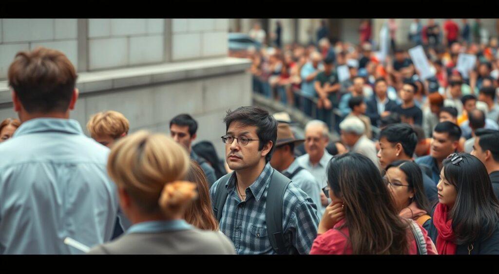 A real-world scene showcasing various cognitive biases in action. In the foreground, a group of people making impulsive decisions, influenced by the representativeness heuristic. In the middle ground, an individual falling victim to the confirmation bias, stubbornly clinging to their preconceived notions. In the background, a crowd exhibiting the bandwagon effect, blindly following the majority. The lighting is natural, with a slight overcast to create a pensive atmosphere. The camera angle is slightly elevated, providing an objective, bird's-eye view of the unfolding scenarios. The overall mood is one of subtle contemplation, inviting the viewer to reflect on the prevalence of cognitive biases in everyday life.