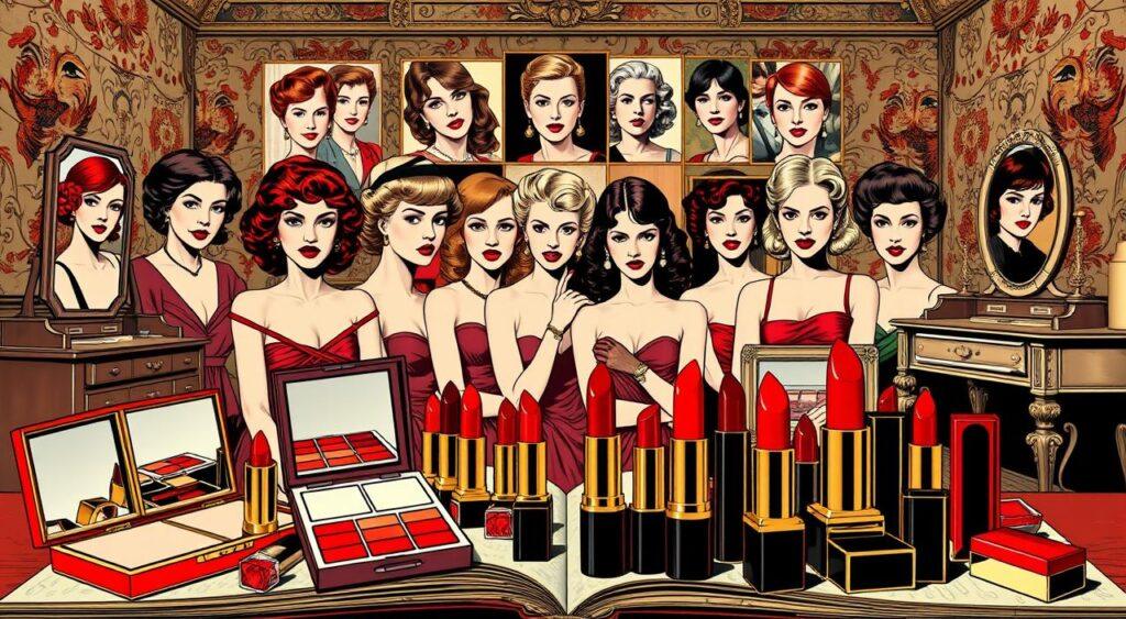A richly detailed historical scene of the evolution of red lipstick. In the foreground, elegant vintage compacts and lipstick tubes in shades of crimson, ruby, and vermilion are artfully arranged. In the middle ground, a gallery of iconic actresses and socialites from different eras, each showcasing the signature red lip that defined their style and era. The background depicts a sumptuous, old-world setting with ornate wallpapers, gilded mirrors, and antique vanities, setting the stage for this visual chronicle of red lipstick's timeless allure and cultural significance.