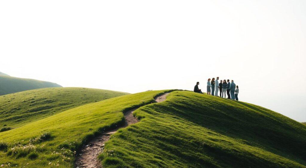 A rolling, verdant hillside under a soft, diffused light. In the foreground, a winding path leads the eye upward, its edges dotted with blooming wildflowers. Halfway up the slope, a cluster of figures - some standing, some seated - engage in contemplative discussion, their expressions serene. The background fades into a hazy, azure sky, hinting at the sense of clarity and enlightenment to come. The scene conveys a mood of introspection, recovery, and the gradual ascent towards a more realistic, stable understanding.