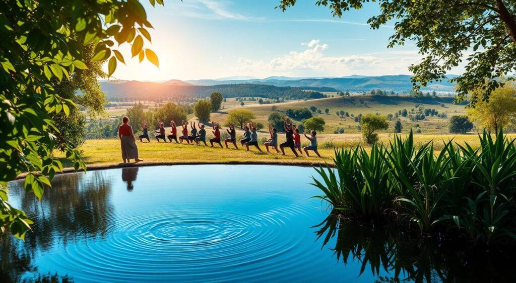 A serene and harmonious landscape, capturing the essence of a holistic health approach. In the foreground, a tranquil pond reflects the azure sky above, its surface rippling gently. Lush, verdant foliage frames the scene, creating a soothing, natural ambiance. In the middle ground, a group of people engage in mindful practices, their movements flowing in sync with the rhythm of the environment. Sunlight filters through the canopy, casting a warm, inviting glow and highlighting the interconnectedness of mind, body, and spirit. In the distance, rolling hills and a horizon line that seamlessly blends the earth and sky, signifying the holistic balance of the ecosystems mental model. The overall atmosphere is one of balance, harmony, and a deep connection to the natural world.