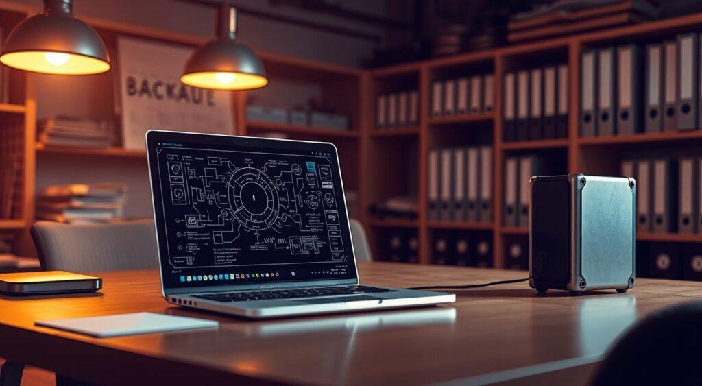 A serene and organized office space, illuminated by warm, soft lighting from overhead lamps. On the desk, a laptop is open, its screen displaying intricate backup diagrams and systems. To the side, a high-capacity external hard drive sits, symbolizing the secure storage of crucial data. The background features shelves filled with neatly arranged files and binders, suggesting a well-structured information management system. A sense of reliability and security permeates the scene, conveying the benefits of a robust backup strategy in a professional, productive work environment.