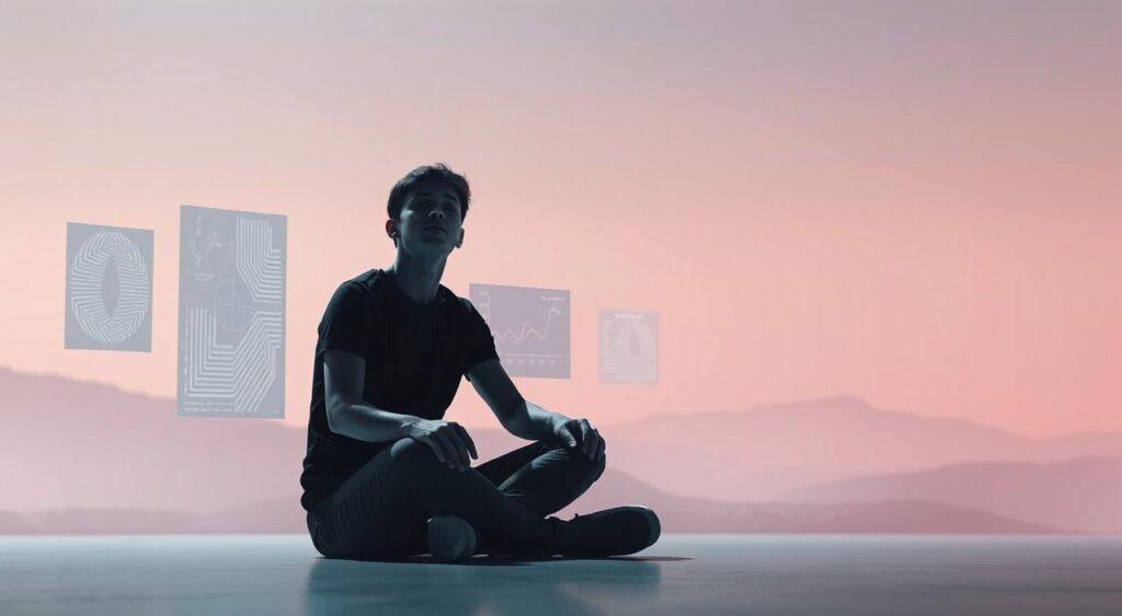A serene, contemplative scene of a person overcoming cognitive biases. In the foreground, a pensive individual sitting cross-legged, eyes closed, deep in introspection. Soft, diffused lighting bathes the scene, creating an atmosphere of calm and focus. In the middle ground, subtle visual metaphors representing common biases - such as distorted mirrors, optical illusions, and conflicting data visualizations - gradually fade into the background, signifying the individual's progress in recognizing and transcending these mental pitfalls. The background is a serene, minimalist landscape, with muted colors and clean lines, symbolizing the clarity of mind achieved through this journey of self-awareness. The overall mood is one of enlightenment, balance, and the power of the human mind to shape its own perceptions. first impressions mental model- the power of the human mind to shape its own perceptions.