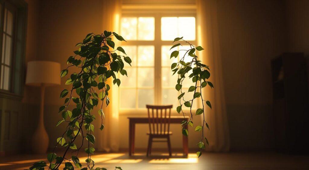 A serene, dimly lit interior space, bathed in warm, golden light filtering through a large window. In the foreground, a lush, verdant plant thrives, its leaves and vines cascading gracefully, symbolizing personal growth and renewal. In the middle ground, a simple, minimalist wooden desk and chair, creating a contemplative, meditative atmosphere. The background fades into a soft, hazy blur, directing the viewer's focus to the central elements. The overall mood is one of tranquility, introspection, and the quiet power of personal transformation. Catalysts Mental Model- the quiet power of personal transformation.