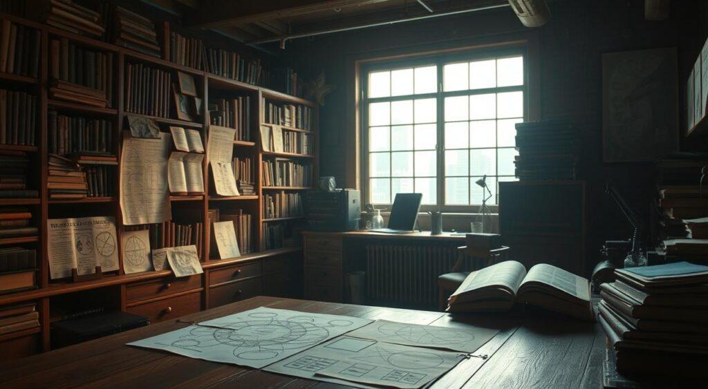 A serene, dimly lit study filled with interdisciplinary mental models. In the foreground, a wooden desk showcases interlocking frameworks and diagrams, conveying the interconnectedness of various disciplines. The middle ground features shelves of weathered books, hinting at the rich knowledge underpinning these concepts. In the background, a large window bathes the scene in a soft, warm glow, creating an atmosphere of contemplation and insight. Shadows play across the surfaces, adding depth and a sense of depth. The overall mood is one of intellectual exploration, where diverse perspectives converge to reveal a deeper understanding of the world.